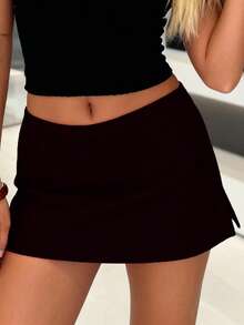 Women's Fashion Mini Skirts Solid Color Side Slit Short Skirts Summer Casual Skirts - 黑色 - 查看 6