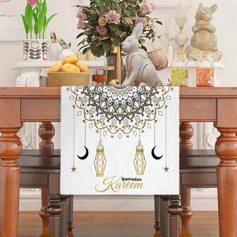 Ramazan temalı tek parça masa örtüsü seti, zarif Ramazan altın fener tasarımı - yıldız, hilal ve fener deseni, dayanıklı polyester dikdörtgen masa örtüsü, mutfak, yemek odası, parti ve ev dekorasyonu, kırsal festival dekorasyonu için uygundur, çeşitli boyut seçenekleri mevcuttur, hediye olarak idealdir.