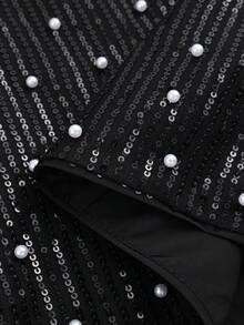Women's Elegant Sequin Faux Pearls Short Crew Neck Jacket, Fashionable Versatile For Ladies, Suitable For Parties, Evenings And Special Occasions, Spring & Autumn - Black - View 9
