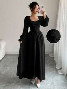 Women's Elegant French Style High Waist Long Sleeve Dress, Autumn - Matte Black - View 1