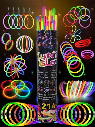 214pcs 8-Inch Glow Sticks Party Pack, Super Bright Glow Sticks That Glow In The Dark For 9-13 Hours, DIY Bracelets, Party Glasses, Necklaces, Earrings, Balls, Suitable For Parties, Gatherings, Bars, Weddings, Birthdays, Nightclubs, Concerts, Carnivals, Men's Gifts, Personalized Gifts, Valentine's Day, Easter, New Year, Carnival Party Supplies, Birthday Gifts, New Year Gifts, Christmas, Home Decor