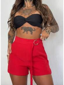 Women's Tailored Shorts With Tie - Red - View 3
