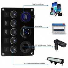 5 Gang 12V Multi Function Rocker Switch Panel, Backlit Dual USB Charger With Digital Voltmeter, Pre-Wired Switch Panel With Inline Fuse For RV Truck Car Marine Boats, Without Battery - Blue - View 9