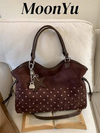 Bolso de cesta con lunares para mujer con dije de estrella, elegante y lindo, gran capacidad, color café