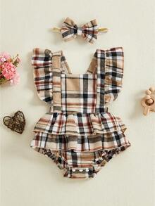 Conjunto Primavera Verano Bebé Niña  Mono a Cuadros Sin Mangas + Volantes  Diadema Incluida - Multicolor - Ver 1