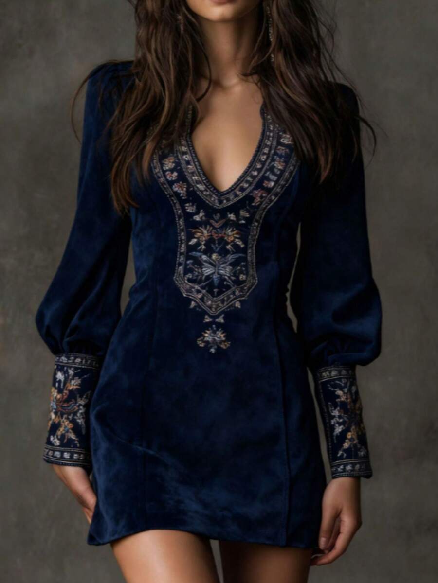 Women Deep V Neck Long Sleeve Dress Embroidery Detail Puff Sleeve Mini Dress - 藏蓝色 - 查看 1