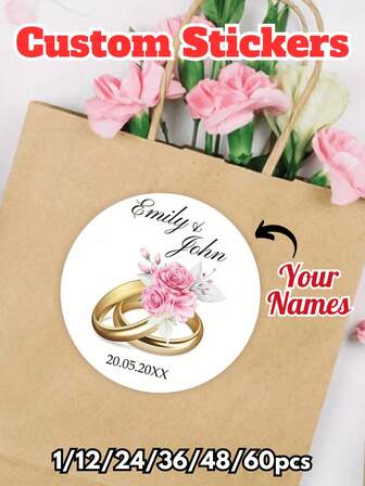 1/12/24/36/48/60 szt. Spersonalizowane naklejki na pierścionki zaręczynowe z imieniem i datą ślubu, naklejki samoprzylepne, odpowiednie na prezenty ślubne, dekoracje ślubne, romantyczne, spersonalizowane, eleganckie etykiety dekoracyjne, naklejki z podziękowaniami na obrączki ślubne i kwiaty, odpowiednie na zaproszenia ślubne