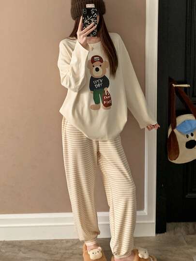 2pcs/Set Striped Women Casual Round Neck Pajama Set, Korean Style Bear Print Long Sleeve Top And Pants, Suitable For Spring And Autumn