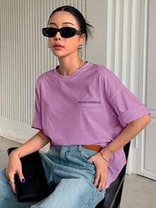 T-Shirt With "Perseverance" Print Lettering. Minimalist, Casual, Modern, Sophisticated, Simple, Basic, Summer, Oversized. - Baby Pink - View 6