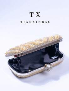 Pink Pearl Clutch Bag, Elegant Engagement Party Handbag For Cheongsam Dress, With Metal Chain Strap, Suitable For Party, Wedding, Prom, Banquet, Perfect Match For Women's Graduation Gown, Prom Dress, Sequin Dress, Shiny Dress, Formal Dress - Champagne - View 8
