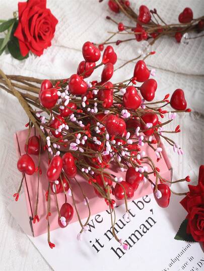 Valentine's Day Artificial Flowers, Pink And Red Faux Pearl Heart-Shaped Berry Stems, Hand-Twisted Heart Flower Stems, DIY Decoration, Vase Arrangement, Wedding Decor And Gift, Valentine's Gift, Tabletop Decor, Party Decor, Home Decor