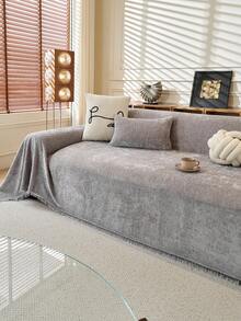1 buah Sarung Sofa Rumbai Chenille Warna Polos, Ramah Hewan Peliharaan, Tahan Lama, Dapat Dicuci, Pelindung Sofa Dekorasi Liburan, Cocok untuk Sofa 1/2/3/4 Dudukan - Light Grey - View 6