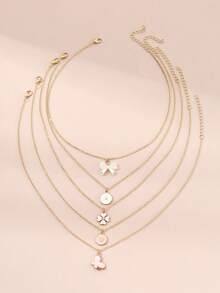 5pcs/Set Fashionable Minimalist Four-Leaf Clover, Heart, Bow Pendant Necklace Set, Suitable For Women's Daily, Vacation, And Date Wear - Multicolor - View 3