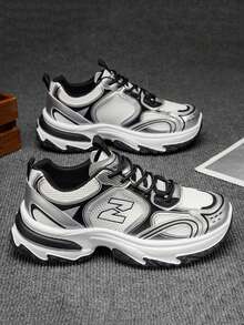 Fashionable, Versatile, Comfortable Thick-Soled Sneakers For Teens, All Seasons, Korean Style High-Quality Chunky Sneakers With Breathable Mesh Upper, Slip-Resistant And Durable, Suitable For Outdoor Casual And Sports - Silver - View 2