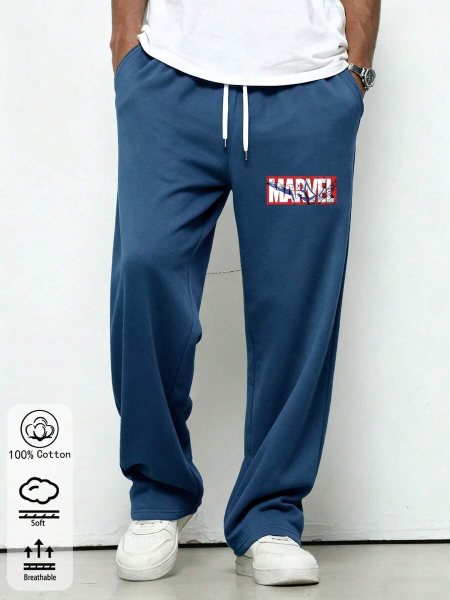 Quần dài nam dáng rộng, chất liệu cotton nguyên chất, họa tiết Người Nhện Marvel, quần thể thao dây rút mùa xuân thu, mềm mại và thoải mái, quần thể thao nam. - Màu xanh lam - Xem 1