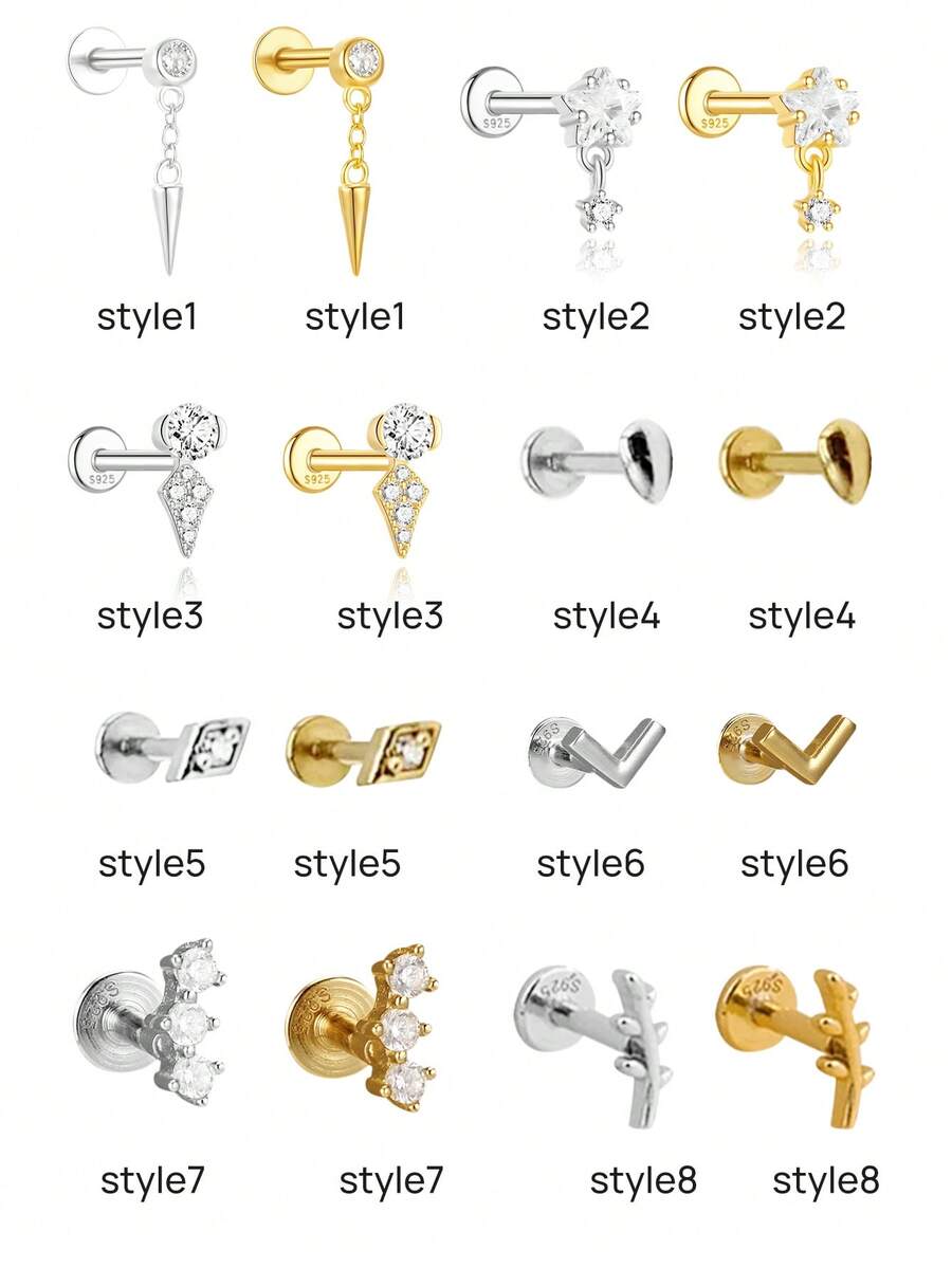 1pc 925 Sterling Silver Mini Stud Flat Back Earrings For Women | Helix Cartilage Piercing Jewelry | Dainty Star Cubic Zirconia Lotus Climber Stud Earrings For Women Jewelry Gift - Multicolor - View 1