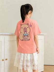 Girls And Teenagers Students Casual Orange Print Round Neck Short Sleeve T-Shirt Summer Top - Orange - View 2