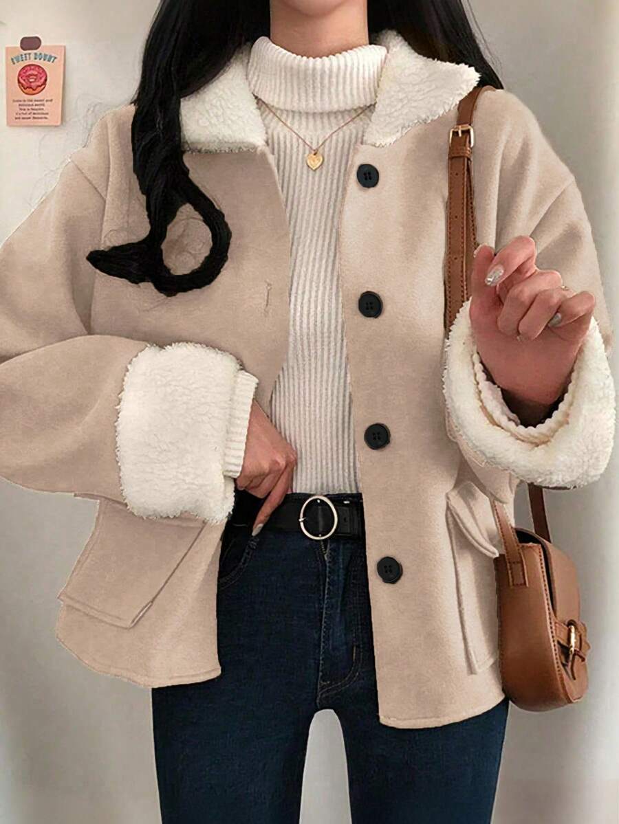 Women's Elegant Casual Wool Blend Jacket With Faux Fur Collar, Button Front Pockets, Long Sleeve Short Coat, Versatile Autumn/Winter Jacket - Beige - View 1