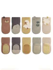 5 pares de nuevos calcetines antideslizantes con diseño de lunares y dibujos animados lindos, calcetines de piso para interiores para niños - Blanco - Ver 8