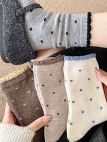 4 Pasang Kaos Kaki Setengah Betis Motif Hati Mulut Gelembung Baru Musim Gugur/Dingin, Warna Polos Serbaguna Gaya Korea Kaos Kaki Anak Perempuan yang Imut - MultiWarna - View 9
