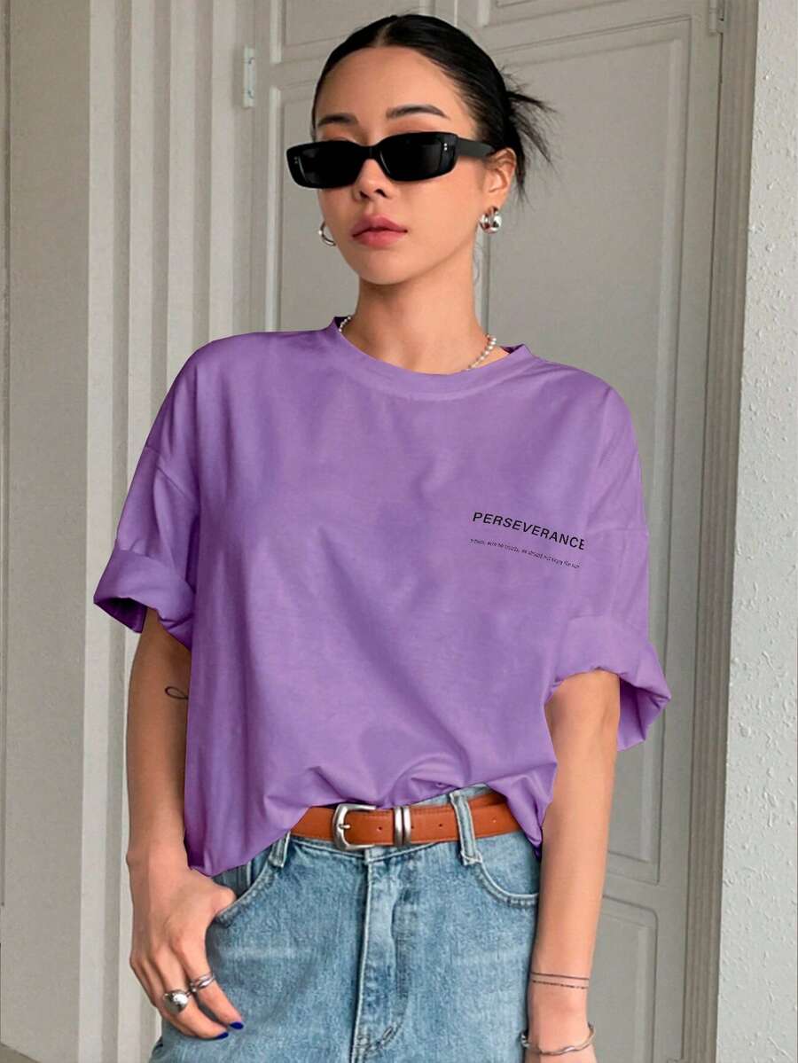 T-Shirt With "Perseverance" Print Lettering. Minimalist, Casual, Modern, Sophisticated, Simple, Basic, Summer, Oversized. - Lilac - View 1