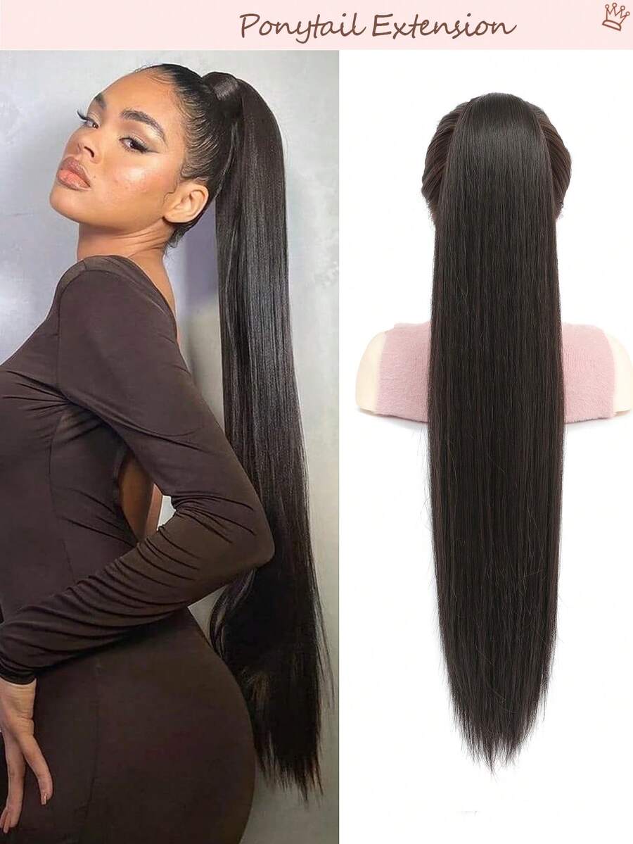 Extensiones de cabello de cola de caballo, cola de caballo sintética larga y recta con cordón, extensiones de cabello suaves y naturales con clip - Negro Marrón - Negro - Ver 1