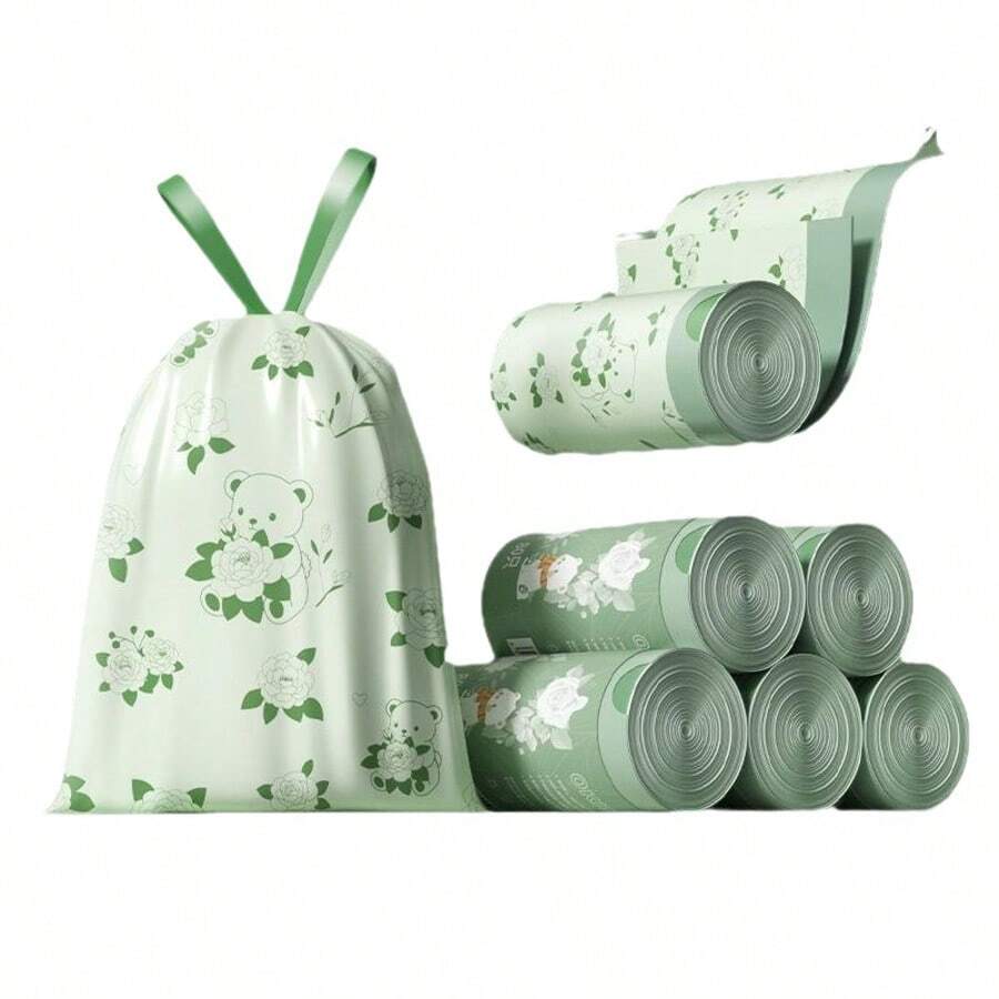 100Pcs/2Rolls Portable Camellia Fragrance Drawstring Trash Bags, Thick Leak-Proof Plastic Waste Bags, High-Quality Plastic Trash Bags, Suitable For Dormitory, Kitchen, Bathroom, Bedroom, Living Room And Home Use - Portable Trash Bags - 橄欖綠 - 查看 1