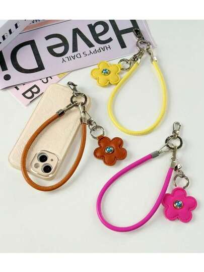 1个ins风彩色花朵钥匙扣皮革手机挂件，可拆卸糖果色装饰吊坠挂绳，可爱女生款