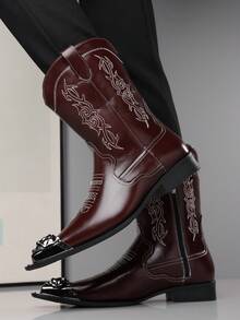 1 Pair Men's Pointed Toe Metal Toe Cap Embroidered PU Leather Upper Rubber Sole Slip-On Comfortable Casual Western Boots, Daily Wear - Burgundy - View 5
