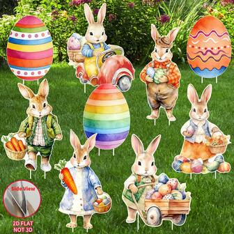 2 D Flat Printing, 9 Pieces Easter Decorations Outdoor Yard Stakes Vibrant Bunnies And Eggs Yard Sign Easter Rabbits In Work And Easter Eggs Garden Stakes Spring Easter Lawn Sign Decor For Family Outside Spring Easter Party Supplies