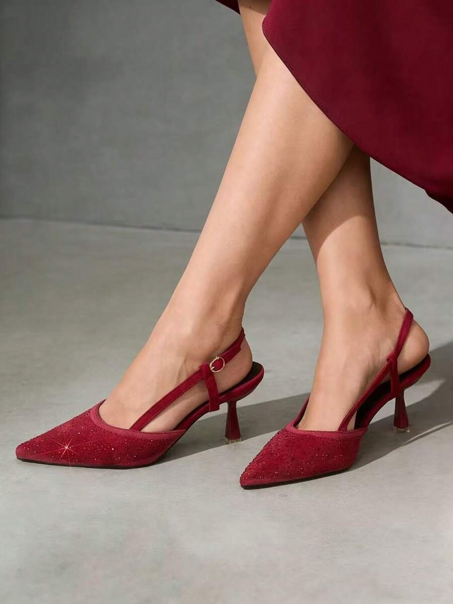 Women's Sexy Versatile Buckle Strap Stiletto High Heels, Fashion Pointed Toe Bridesmaid Shoes, Fairy Style Breathable Solid Color High Heel Pumps - Red - View 1