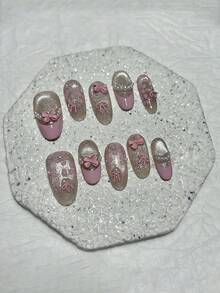 10 móng tay giả ngắn kiểu Pháp, hình trái tim và nơ dễ thương cho bé gái, có thể tháo rời và tái sử dụng (1 miếng dán dạng gel + 1 dũa móng) - Hồng - Xem 10