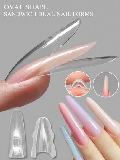 FULL BEAUTY 60pcs Oval Almond Nail Sandwich Nail Extension Mold Interlayer Dual Nail Forms Quick Building Gel Mold Acrylic False Nail Tips Prolong Tool Manicure