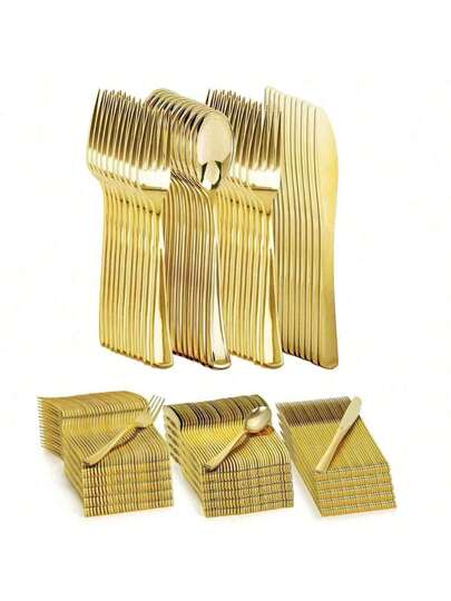 25/50/75/100/150pcs Gold Cutlery Set Includes 25pcs Knives, 25pcs Forks, 25pcs Spoons, Silver Flatware Set. Includes Oatmeal Spoons, Coffee Spoons, Yogurt Spoons, Salad Forks, High Quality, Suitable For Large Events, Parties, Weddings, Birthday Parties, Dinners, New Home/Kitchen/Cafe/Celebration