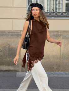 Blusa elegante de mujer MUMRAP con parches de encaje de unicolor y espalda descubierta, para verano - Café integral - Ver 3