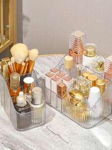 1 pieza Caja de almacenamiento de lujo multifuncional, Soporte de escritorio para bolígrafos y cosméticos, Organizador de maquillaje, Estante de cosméticos trapezoidal transparente de estilo nórdico, Decoración para el cuarto de maquillaje - Dorado - Ver 5