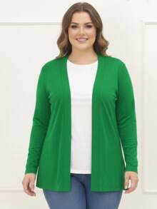 Women's Plain Cardigan Jacket With Slit, Plus Size, Kimono Style - 綠色 - 查看 2