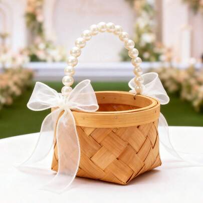 Cesta tejida para niña de las flores para bodas, cestas de flores con asas de perlas y lazos para bodas, ceremonias y decoración del hogar.