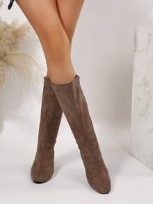 浅棕色宽松直筒靴，侧拉链设计，经典麂皮长靴，粗跟时尚秋冬靴，舒适透气优雅百搭的女士过膝靴 - 棕色 - 查看 4