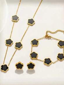 男士三件套不锈钢首饰套装 - 幸运花吊坠项链、手链和耳环组合，镶嵌八月生辰石，未镀层，完美礼品之选 - 五葉草套裝 - 查看 1