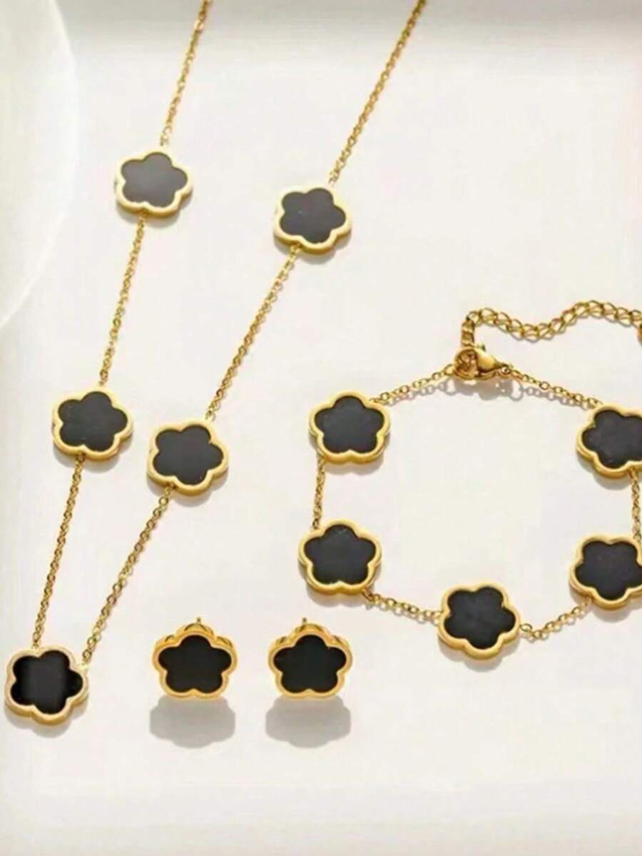 男士三件套不锈钢首饰套装 - 幸运花吊坠项链、手链和耳环组合，镶嵌八月生辰石，未镀层，完美礼品之选 - 五葉草套裝 - 查看 1