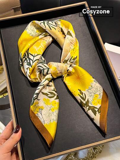 1pc Elegant Floral Print 70cm Silk-Like Small Square Scarf, Women Fashion Versatile Headband, Waist Belt, Bag Decor, Neck Tie, Hair Accessory, Suitable For Daily Wear