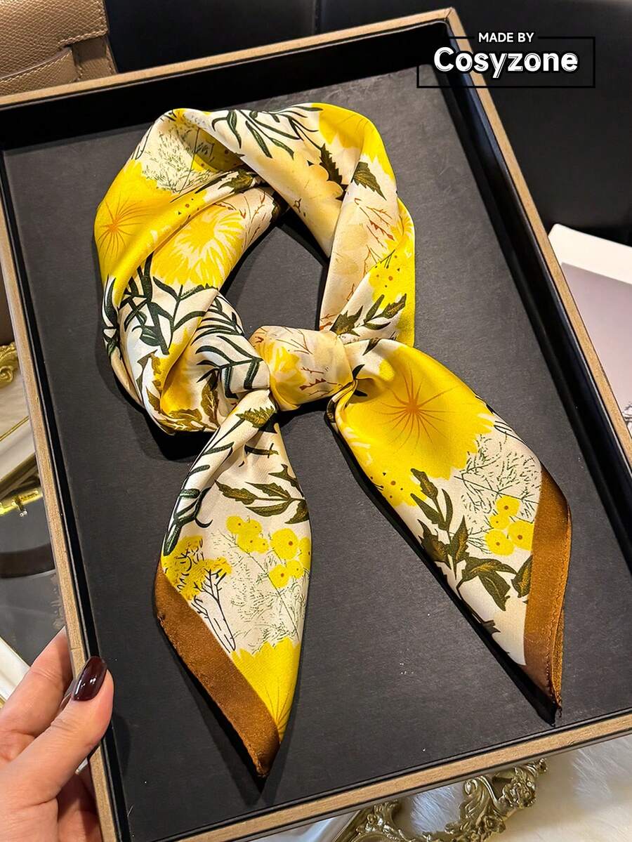 1pc Elegant Floral Print 70cm Silk-Like Small Square Scarf, Women Fashion Versatile Headband, Waist Belt, Bag Decor, Neck Tie, Hair Accessory, Suitable For Daily Wear - Yellow - View 1