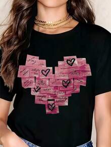 Heart Shape Patchwork Design Love Quotes T Shirt For Women Casual Fashion Top With Romantic Messages And Pink Watercolor Pattern - màu đen - Xem 1