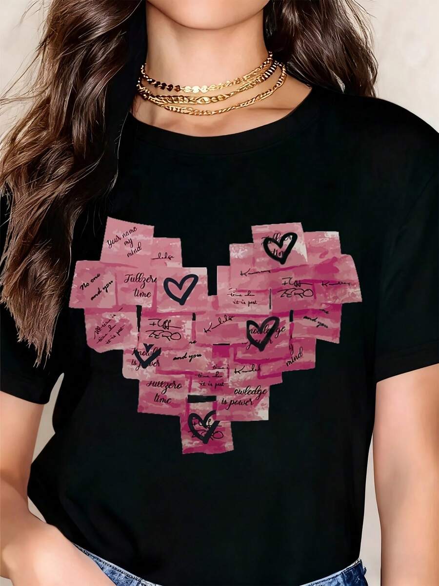 Heart Shape Patchwork Design Love Quotes T Shirt For Women Casual Fashion Top With Romantic Messages And Pink Watercolor Pattern - màu đen - Xem 1