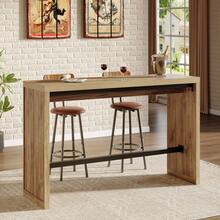 LITTLE TREE 55-Inch Long Bar Table, Rectangular Counter Height Pub Table With Metal Footrest, Home Bar Unit For Kitchen, Dining Room, Bistro, Or Restaurant - 天然棕 - 查看 3
