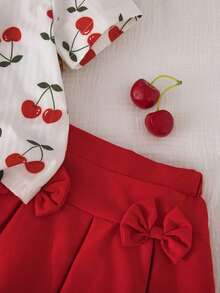 2件套女婴樱桃印花蝴蝶结装饰短袖上衣和蝴蝶结装饰半裙休闲套装