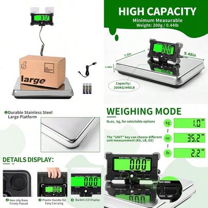 New Shipping Scale Large 440lbs Shipping Postal Scale With High Accuracy Postal Scale With Tare/Hold/Count Stainless Steel Large Platform Backlit LCD Display Battery And USB Power Supply Included