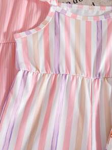 女婴夏季水下动物印花条纹纯色荷叶边袖可爱三件套连体衣,运动服和户外服 - 粉色 - 查看 6