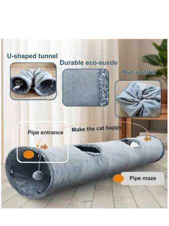 1pc Cat Tunnel Foldable Indoor Play With Ball For Kittens Polyester Fun Indoor Cat Tunnel, S-Shaped Foldable Cat Play Tunnel With Crinkle Paper And Pom-Poms, Soft Cat Tube Toy, Suitable For Kittens For Hide-And-Seek And Exercise